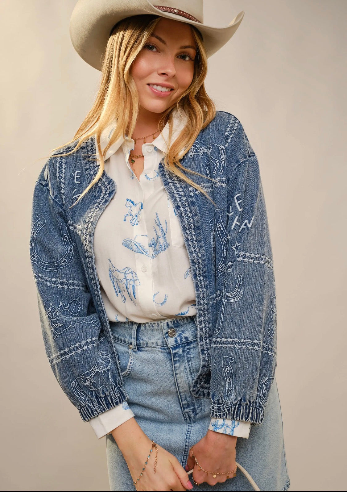 Western Embroidery Puff Denim Jacket