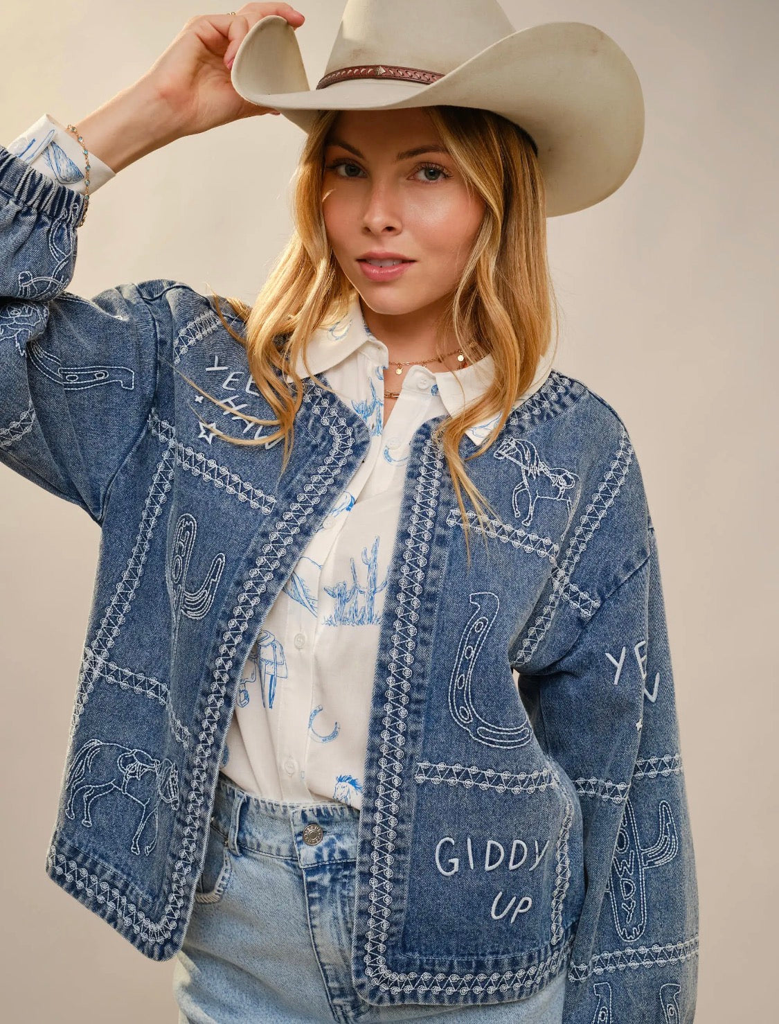 Western Embroidery Puff Denim Jacket