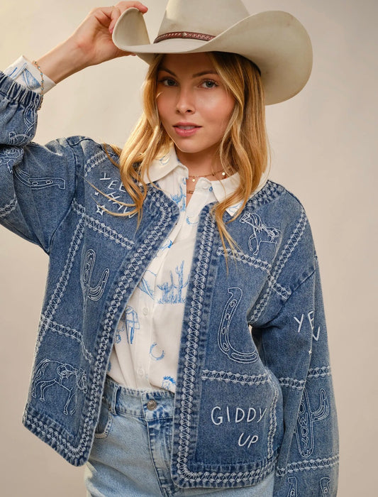 Western Embroidery Puff Denim Jacket