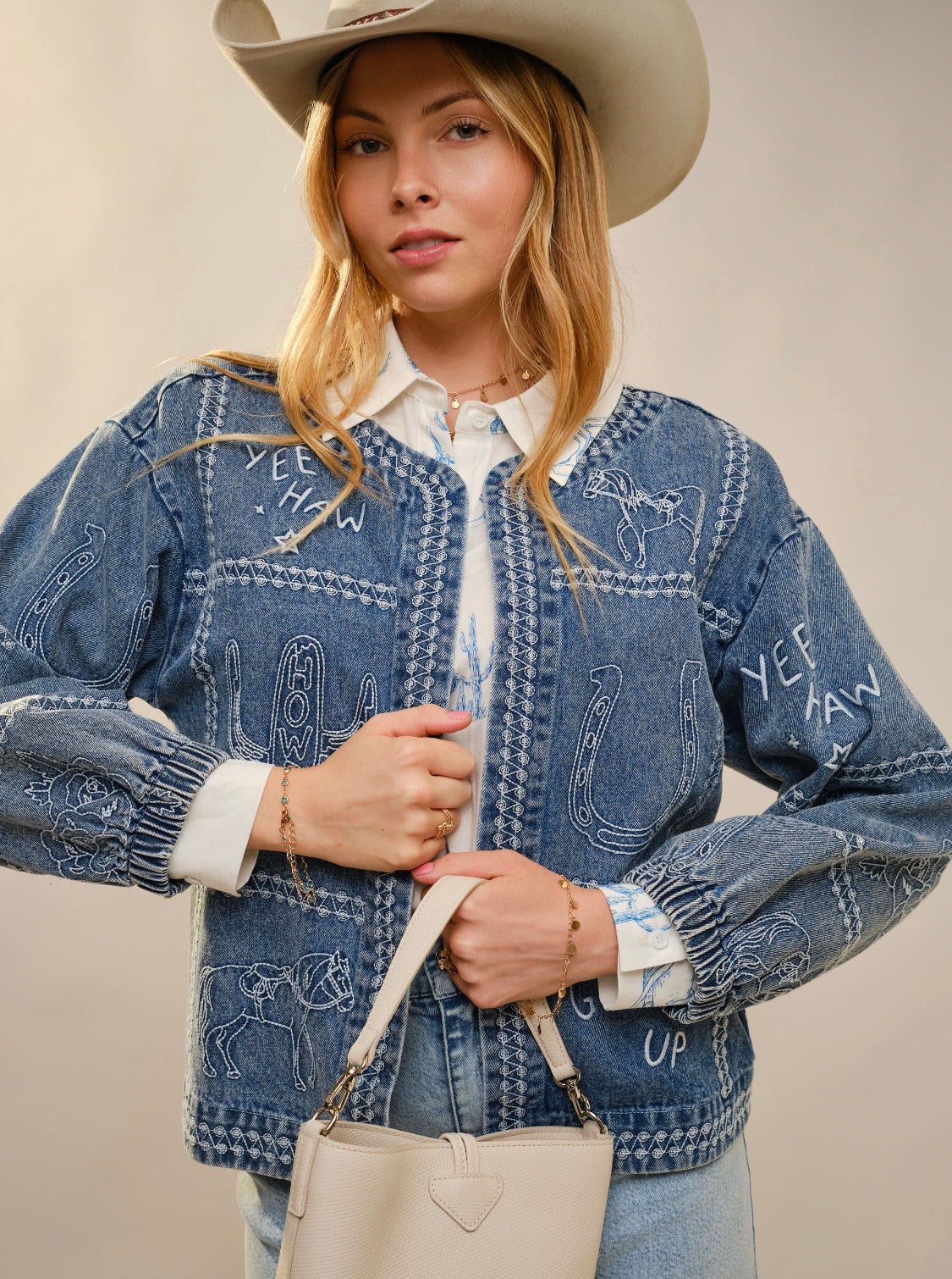Western Embroidery Puff Denim Jacket