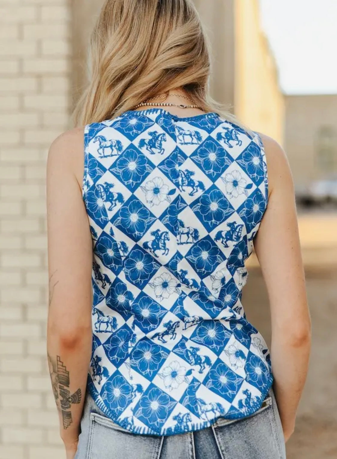 Blue Checkered Horse Western Stitch Button Down Vest