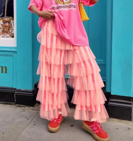Pink tulle wide leg pants