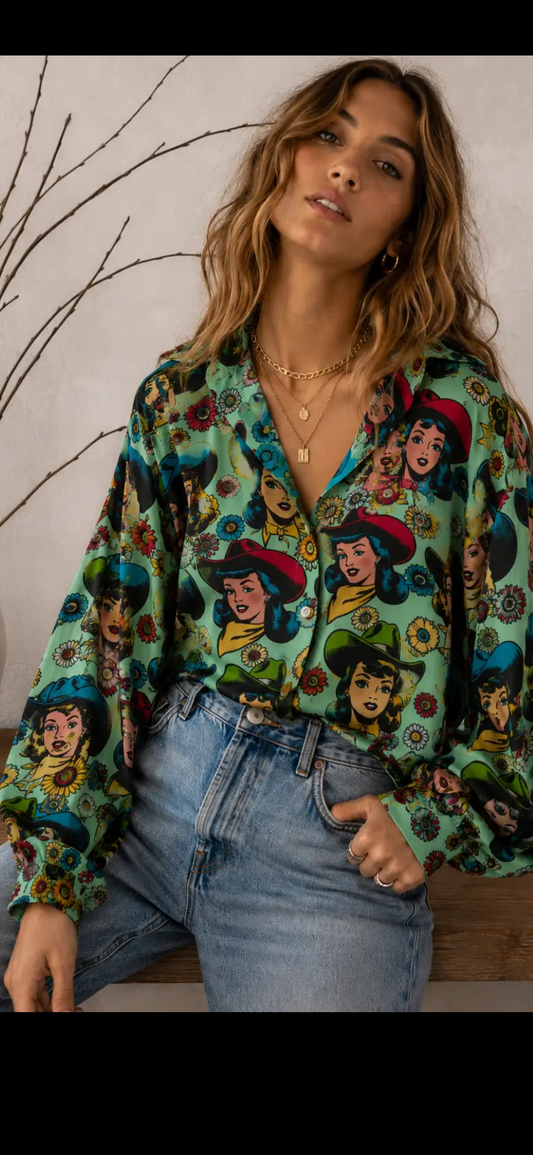 Texas Hold ‘em Retro Cosmic Cowgirl button up